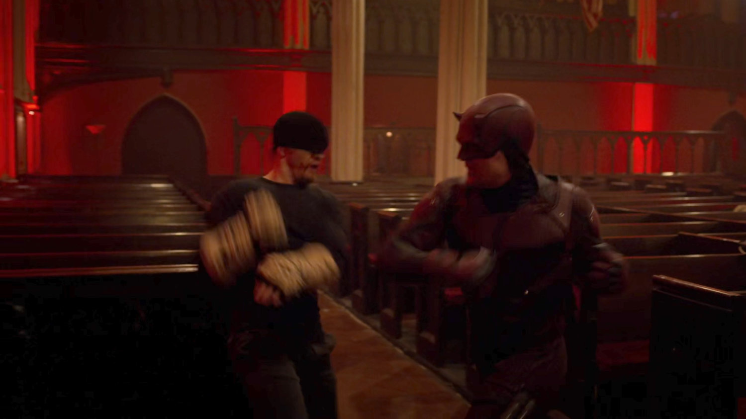 Dex, as Daredevil, fights Matt inside Clinton Church.