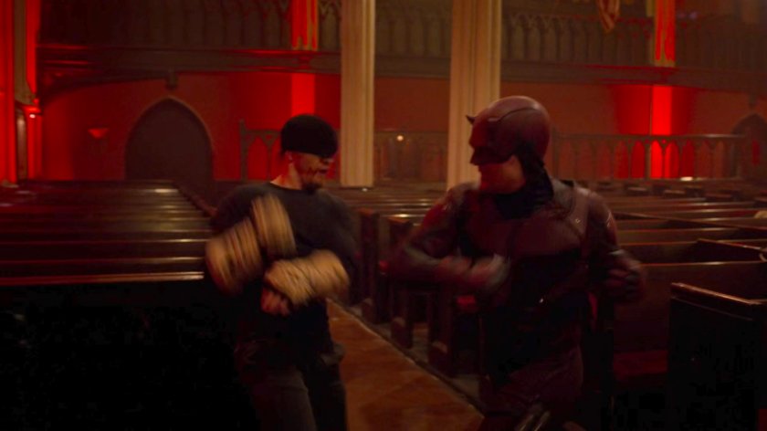 Dex, as Daredevil, fights Matt inside Clinton Church.