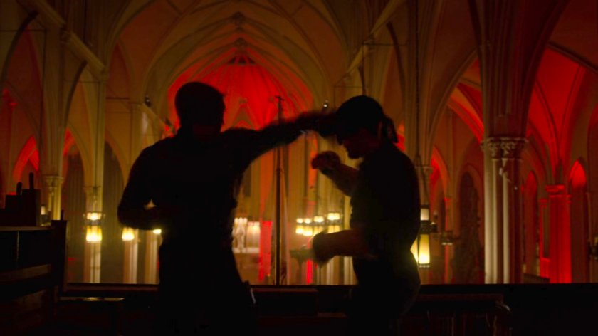 Dex, as Daredevil, fights Matt inside Clinton Church.