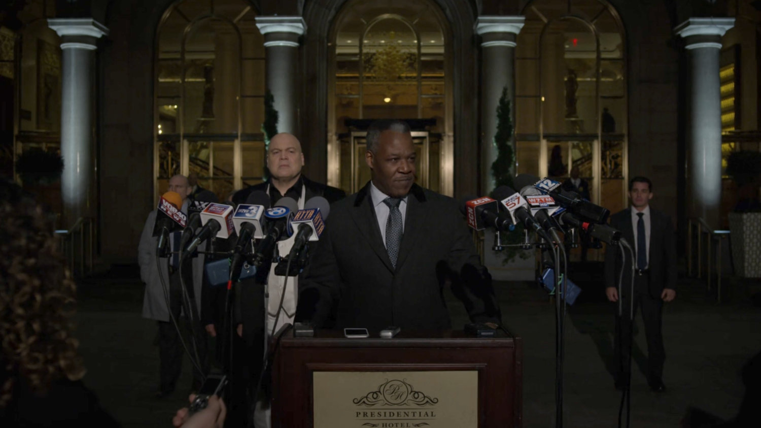Fisk and his lawyer Donovan at a news conference outside the Presidential Hotel.