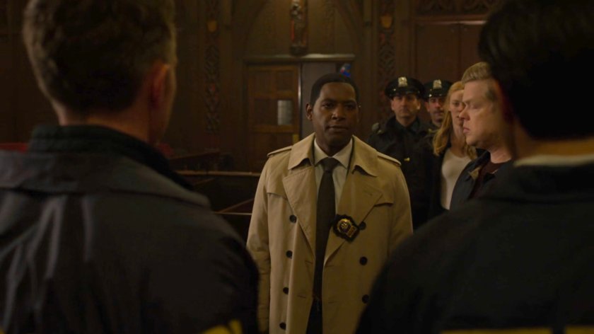 Detective Mahoney with Foggy and Karen talk to Dex and Nadeem inside Clinton Church.