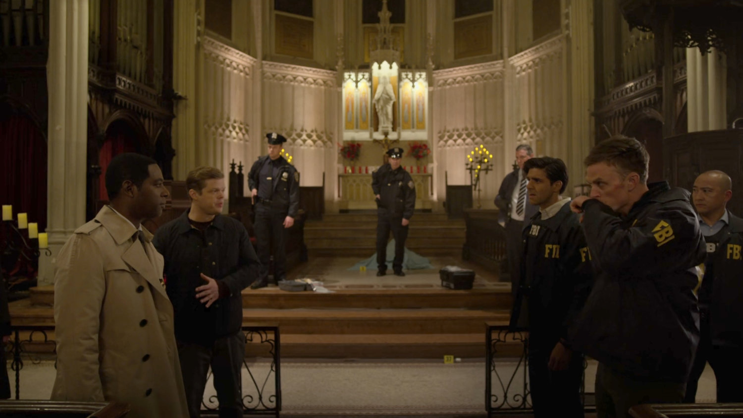 Detective Mahoney and Foggy face off against Dex and Nadeem inside Clinton Church.