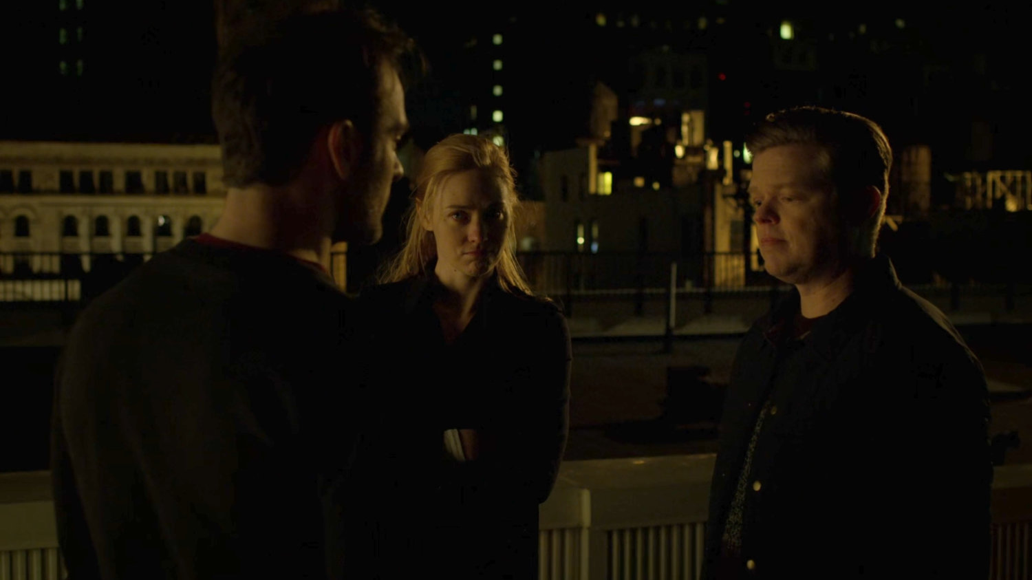 Matt, Karen, and Foggy on a rooftop.