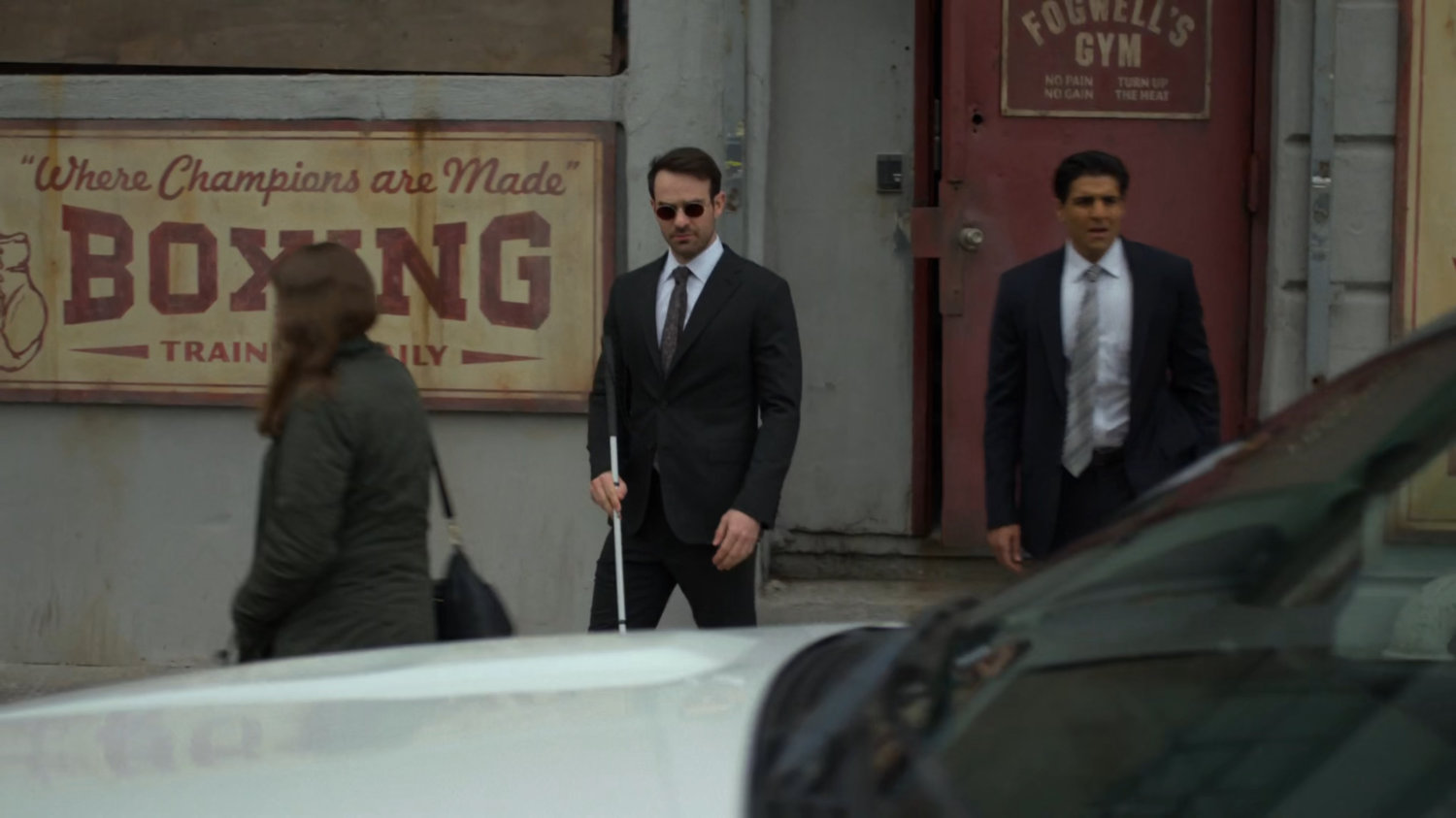 Ray and Matt exit Fogwell's Gym.