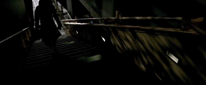 Shadowy figure walking up stairs in Demarco's residence.