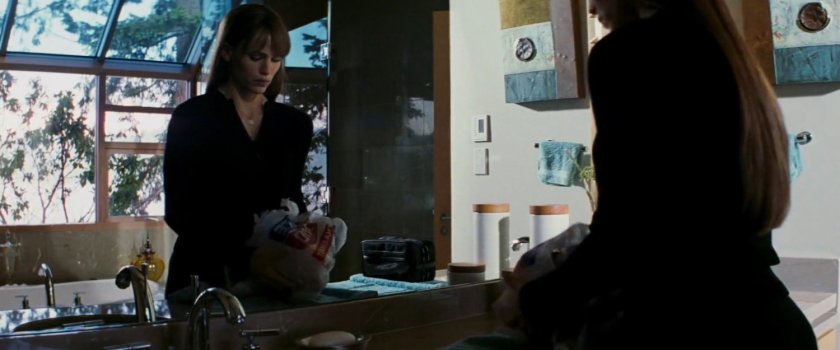 Elektra in the bathroom of the Wheelwright House.