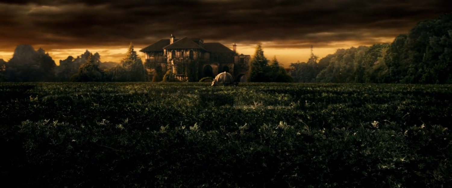 Exterior of the Natchios mansion and hedge maze.