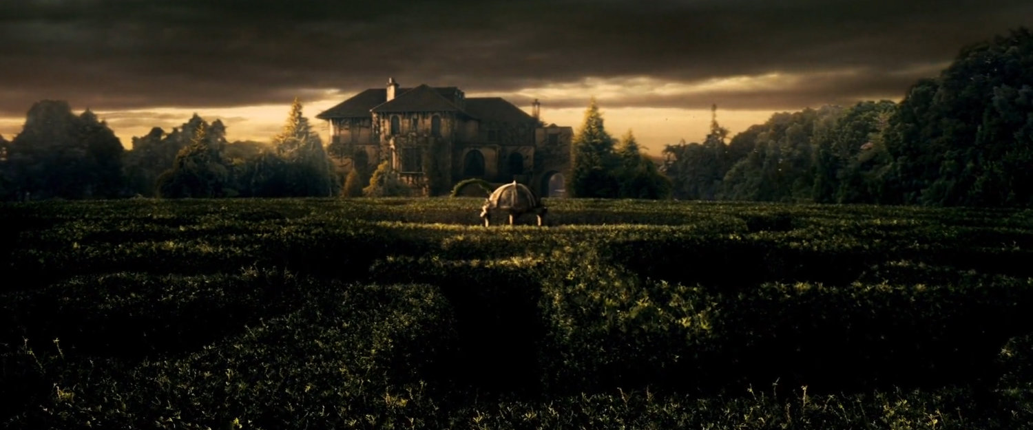 Exterior of the Natchios mansion and hedge maze.