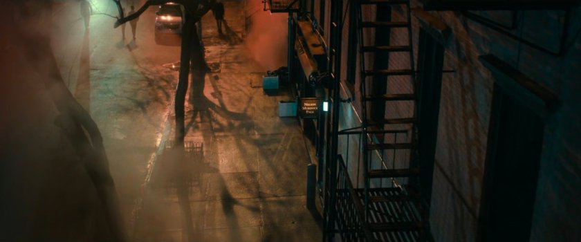 High angle looking down on Nelson, Murdock, and Page office entrance.