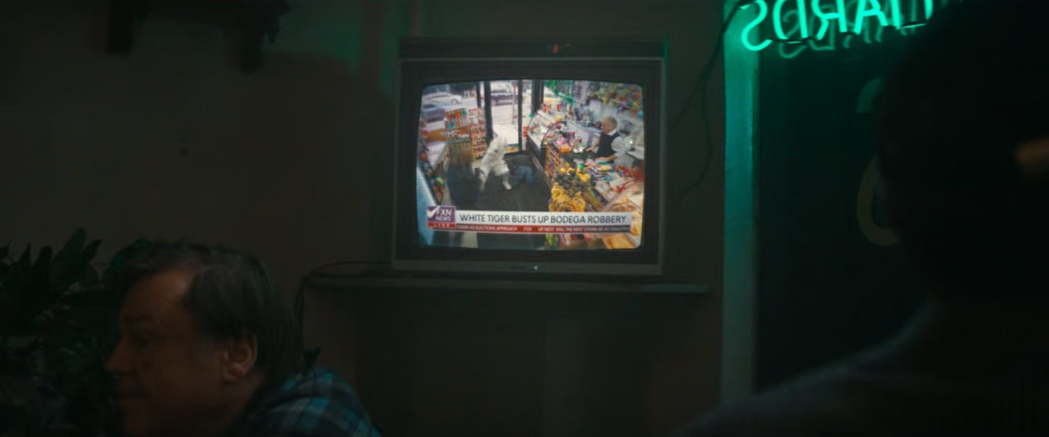 Video of White Tiger in a bodega on the television set at Josie's Bar.