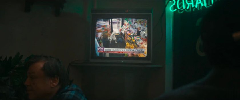 Video of White Tiger in a bodega on the television set at Josie's Bar.