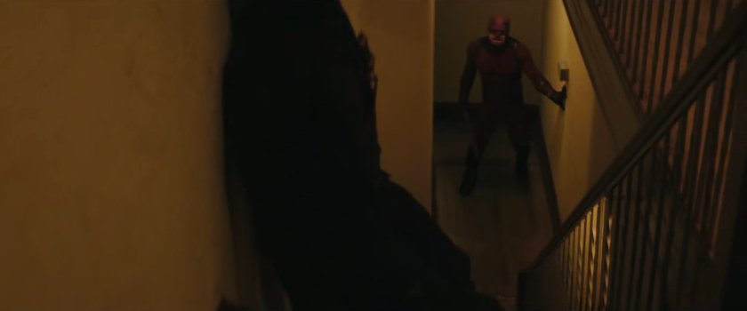 Daredevil follows Bullseye in the stairways behind Josie's bar.