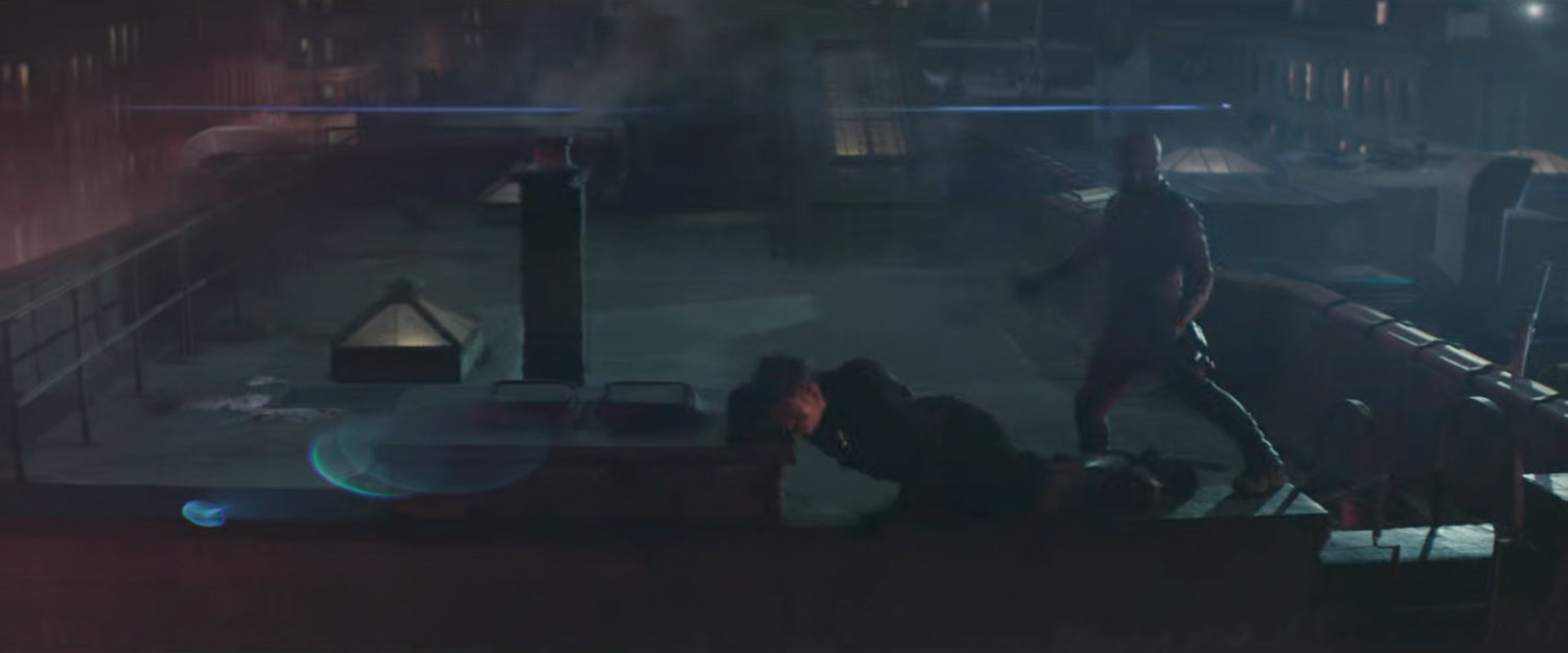 Daredevil fighting Bullseye on the rooftop of Josie's bar.