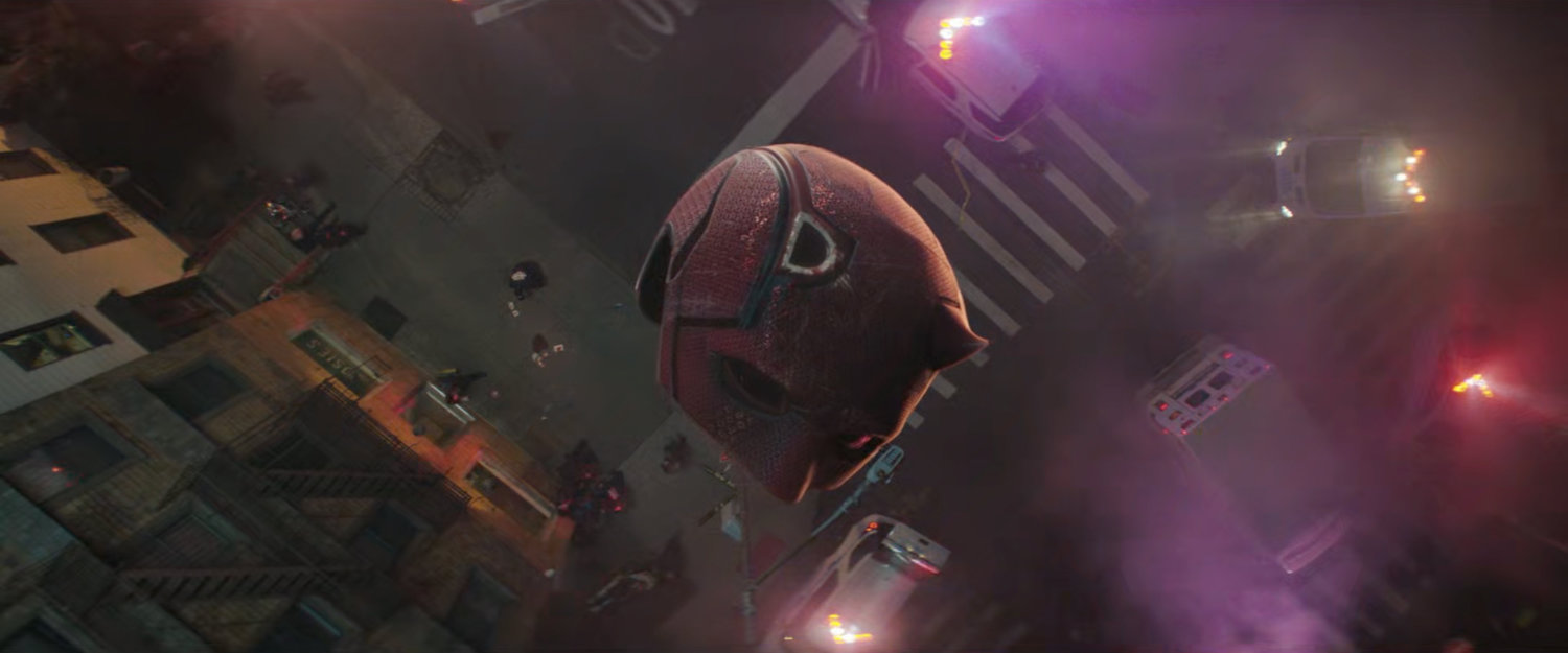The daredevil mask falling from the rooftop of Josie's bar.