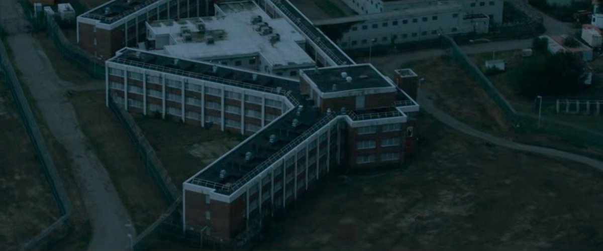Aerial view of building at Ryker's Island Penitentiary.