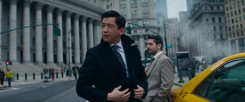 Tam and Nicky exiting cab in front of County Supreme Court building.