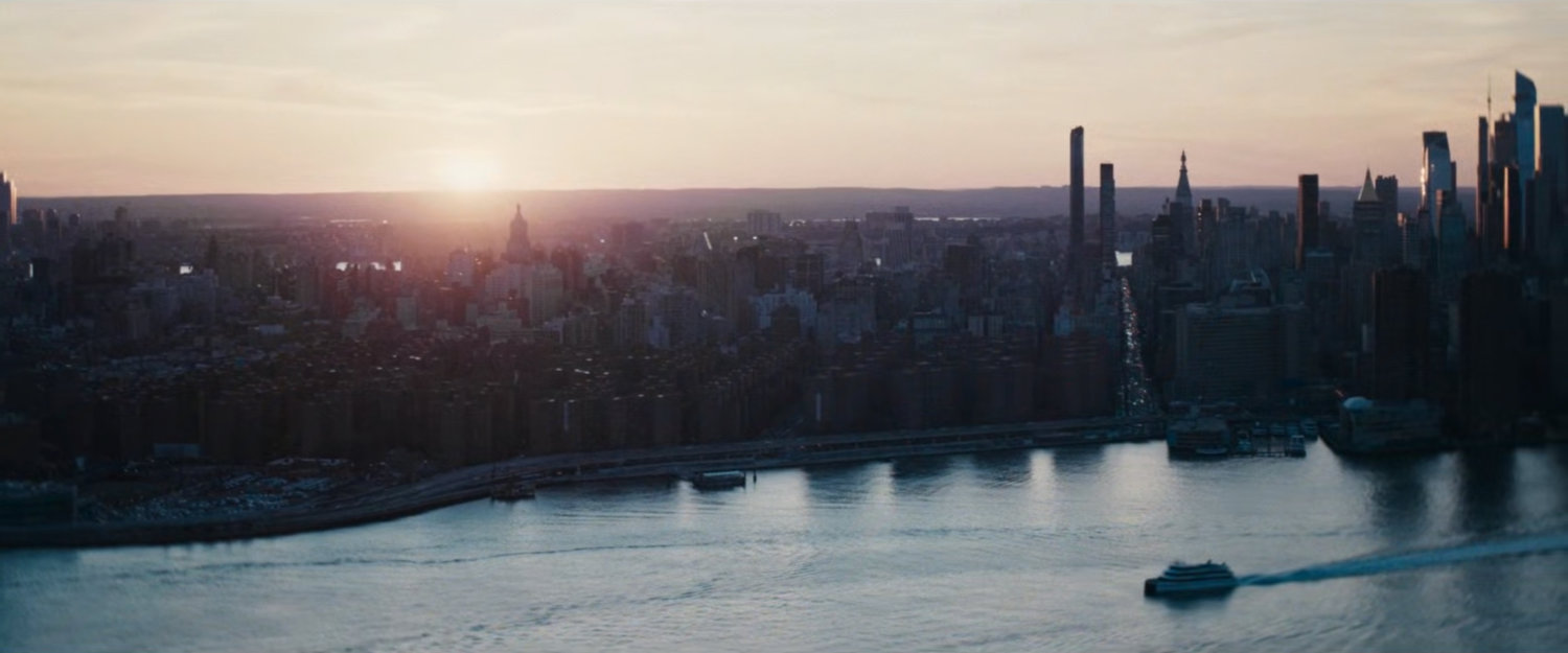 Aerial view of Manhattan at sunset.
