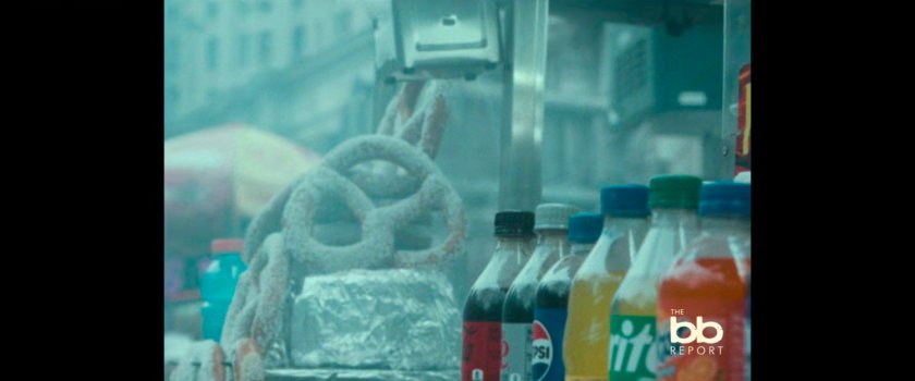 BB Report: pretzels and soda on food cart.