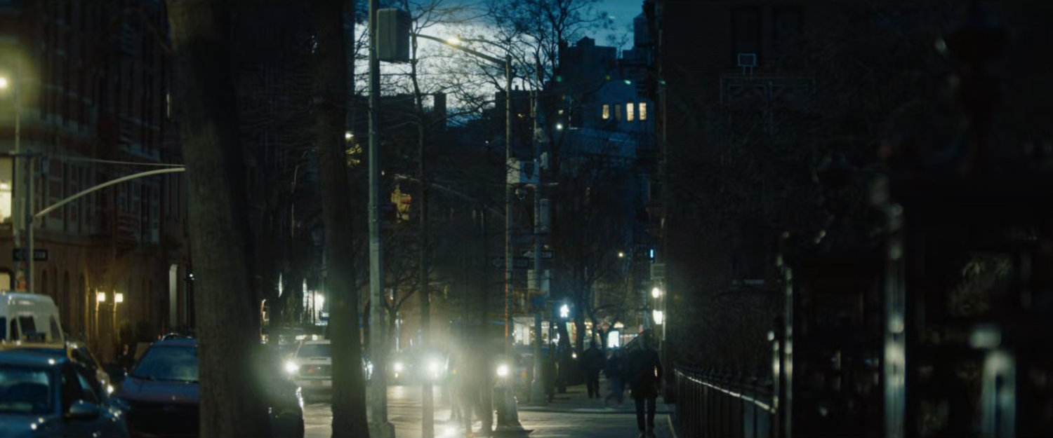 Interstitial: nighttime sidewalk.