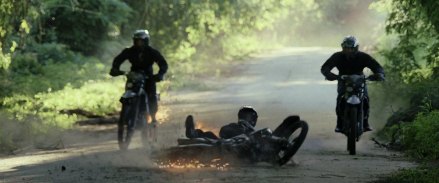 Motorcycle crashing on a small road in Oaxaca, Mexico.