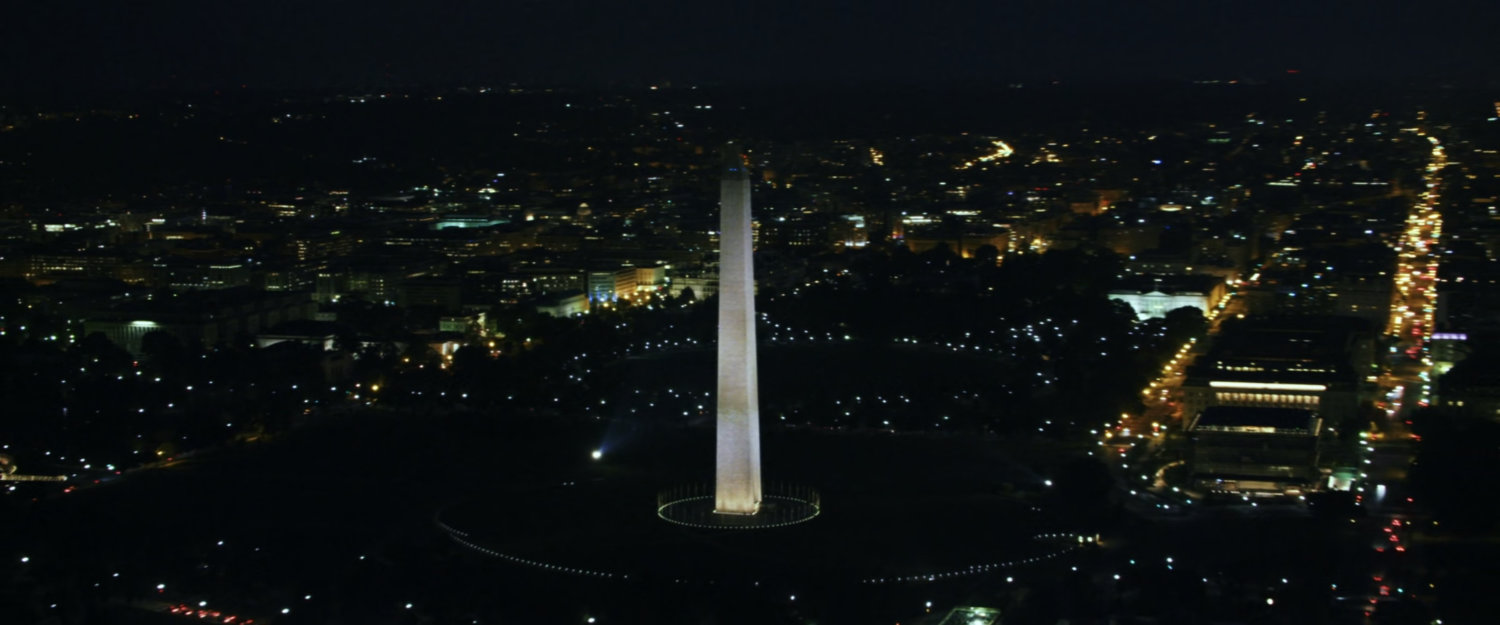 Nighttime aerial of Washington Monument.