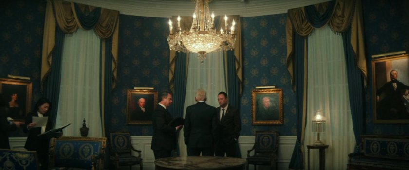 President Ross in the Blue Room in the White House.
