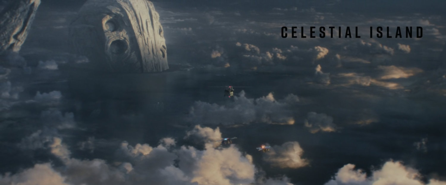 Aerial view of Celestial Island. Text: Celestial Island.