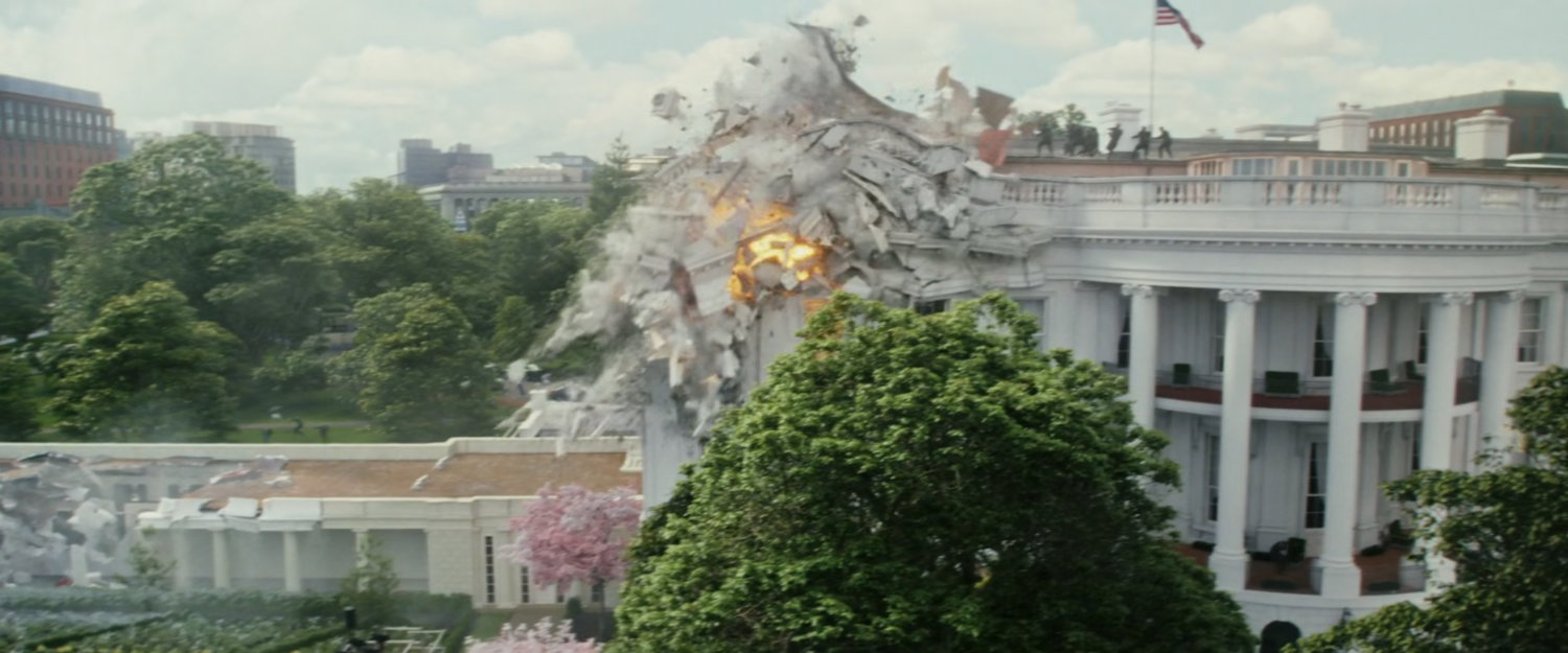 Red Hulk smashes through the exterior of the White House.