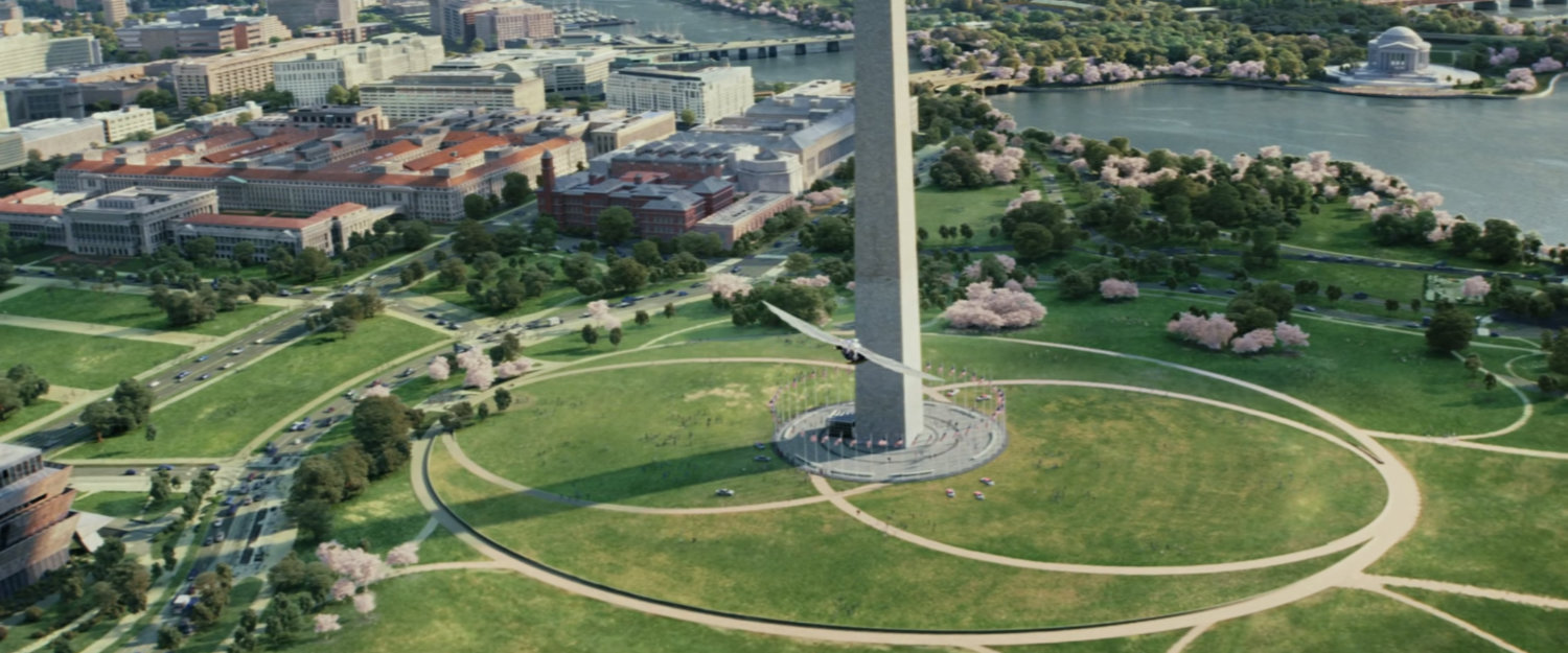 Captain America flying towards the Washington Monument.