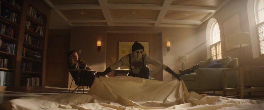 Muse sets up a drop cloth in Heather's office.