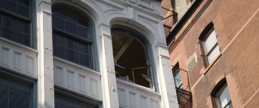 Exterior of broken window on Heather's office.
