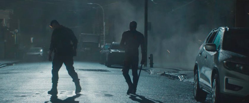 Frank and Matt stagger along street outside Matt's apartment building.