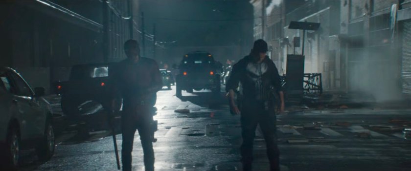 Frank and Matt stagger along street outside Matt's apartment building.