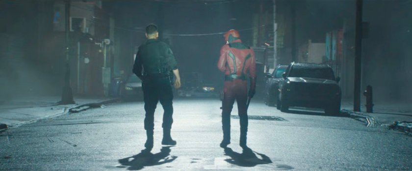 Frank and Matt stagger along street outside Matt's apartment building lit by headlights.