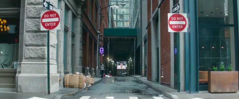 Interstitial: Mayor Fisk on video screen at end of Do Not Enter alley.