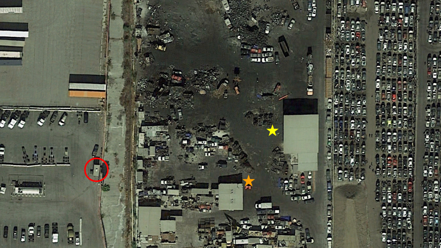 Satellite view of filming location for El Monte Auto and Salvage with key elements marked.