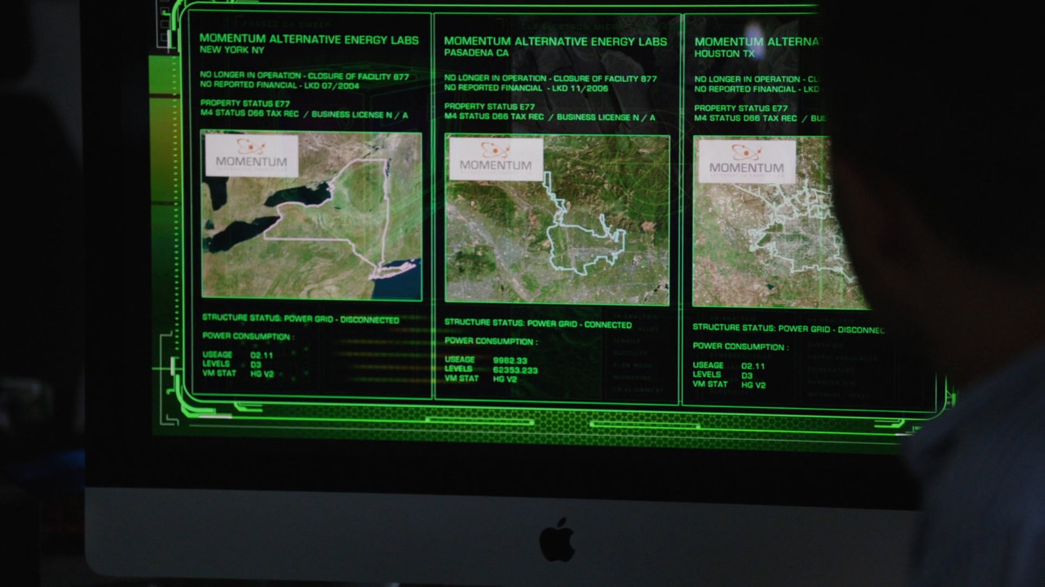 Computer screen showing three locations of Momentum Labs: New York, Pasadena, and Houston.