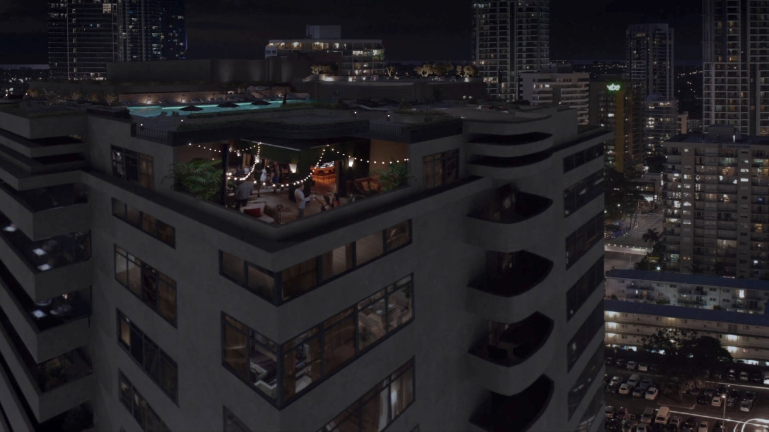Aerial of Miami hotel roof deck.