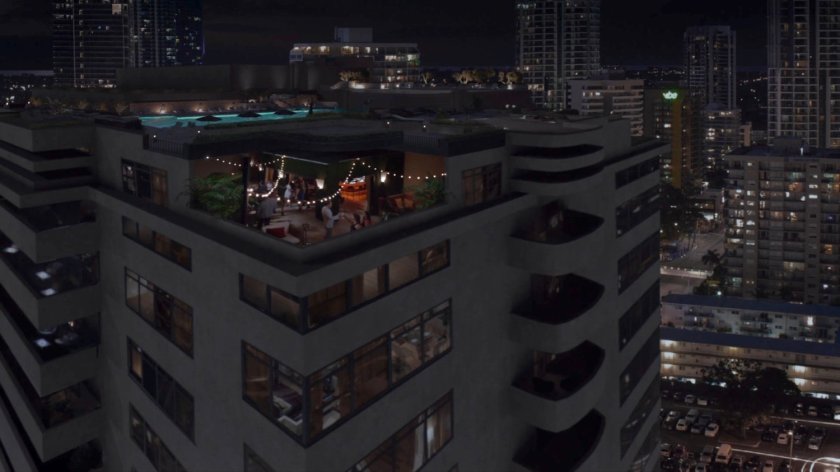 Aerial of Miami hotel roof deck.