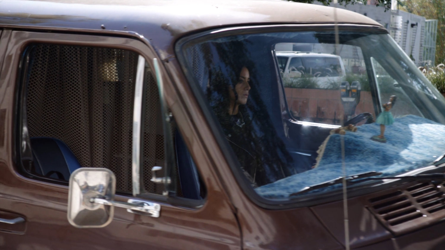 Daisy sitting in her van.