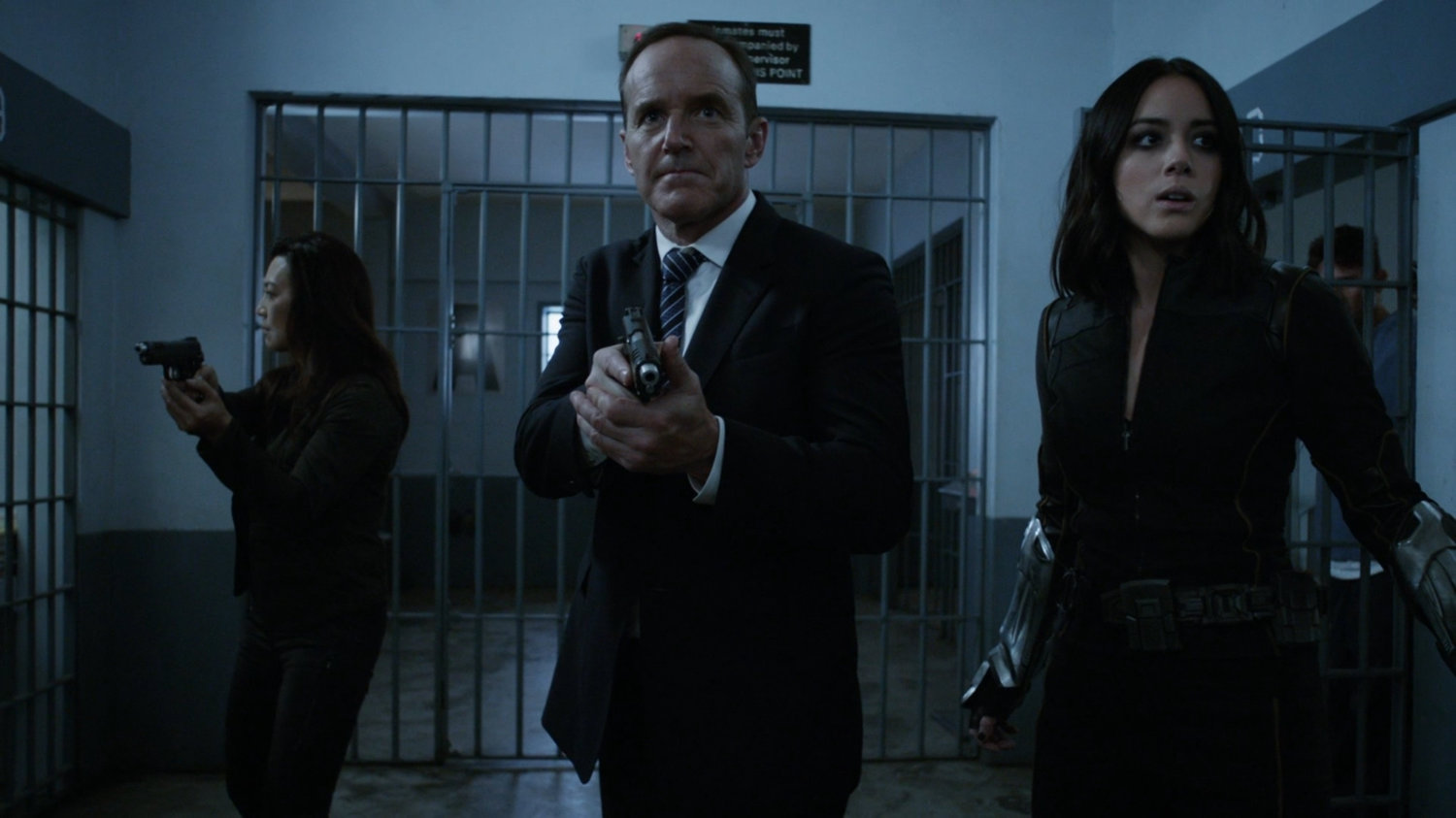May, Coulson and Daisy in cell block A of South Ridge Penitentiary.