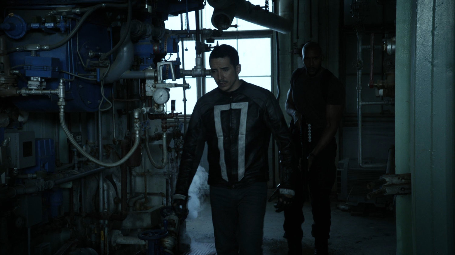 Robbie and Mack in the generator room at South Ridge Penitentiary.