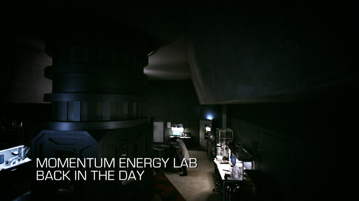 High angle view of quantum generator in Momentum Labs. Text: Momentum Energy Labs, Back in the Day.