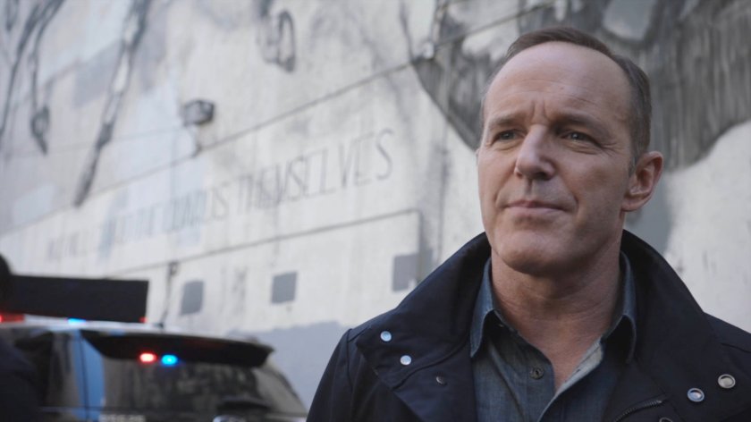 Coulson in the parking lot outside the Quantum Cube warehouse.