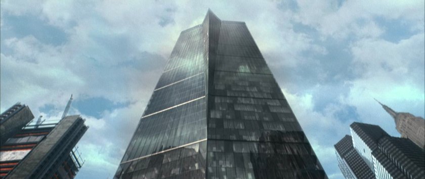 Looking up at the Von Doom Industries building.