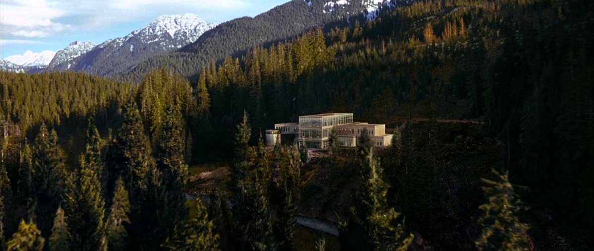 Aerial of Von Doom compound in a forested hillside.