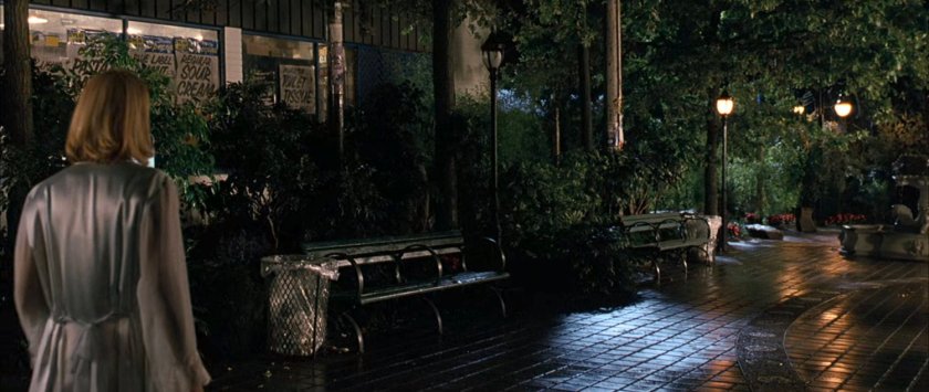 Debbie in a plaza across from her apartment.