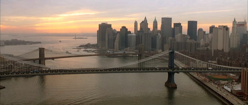 Aerial of the Brooklyn Bridge at sunset.