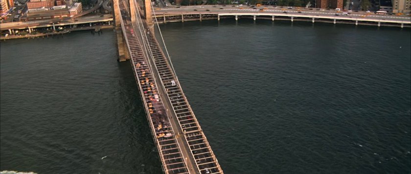 Aerial view of traffic on Brooklyn Bridge.