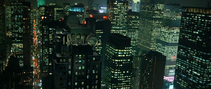 Aerial view of the Baxter Building at night.